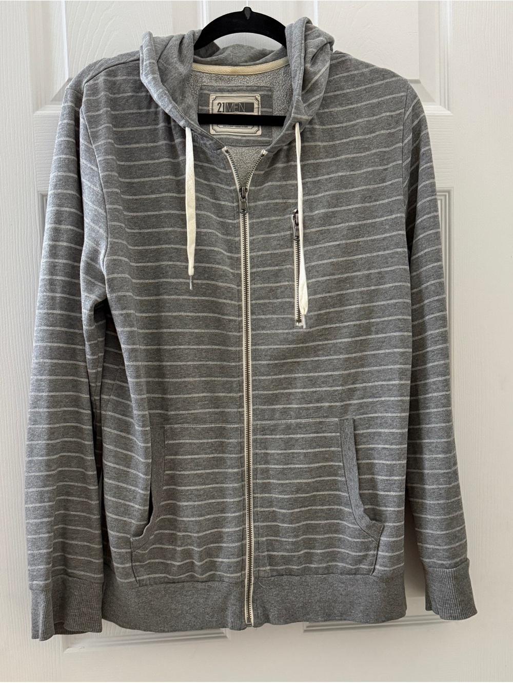 Forever 21 Men Gray Striped Zip-up Hoodie Soft & Cuddly Large